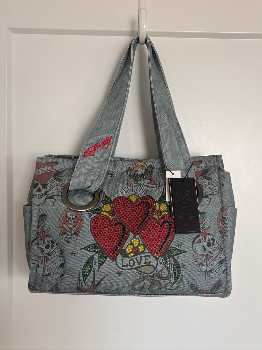 Ed Hardy Light Denim Tote with Red Rhinestone Heart Cluster